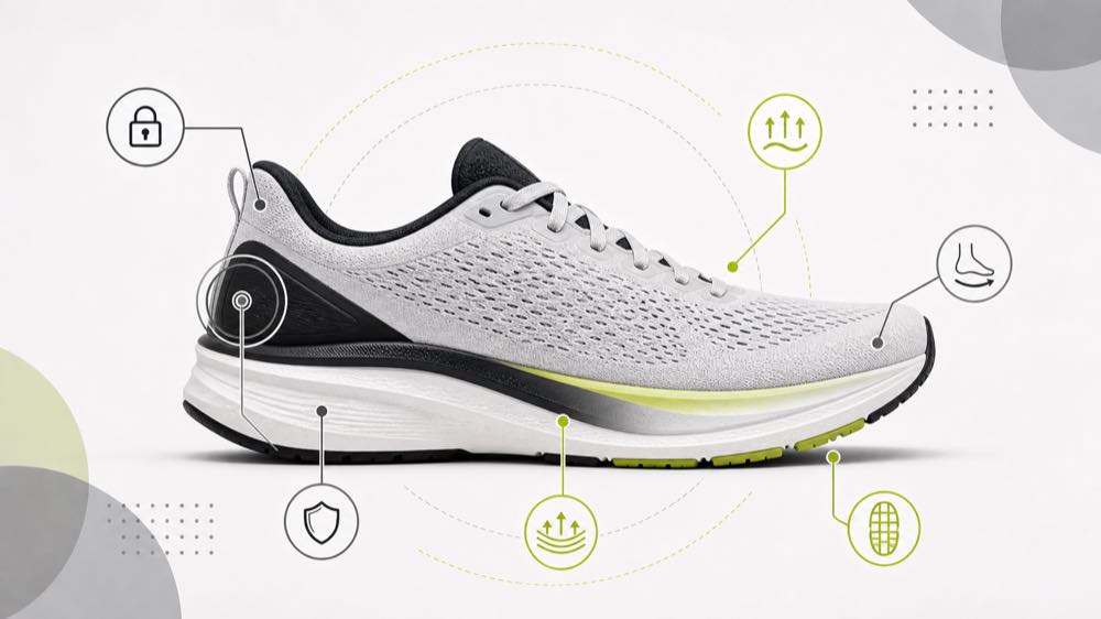 Generic sleek road running shoe side profile with visual checkpoints for energy return, heel lockdown, forefoot flex, stability, outsole grip, and breathability
