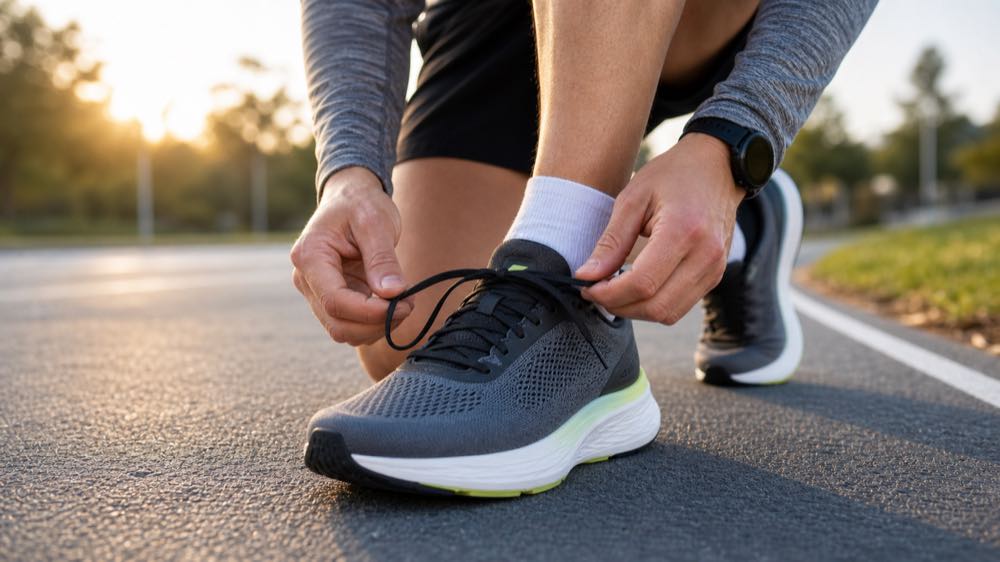 Runner adjusting laces on generic sleek running shoes before a road workout to check fit and heel hold