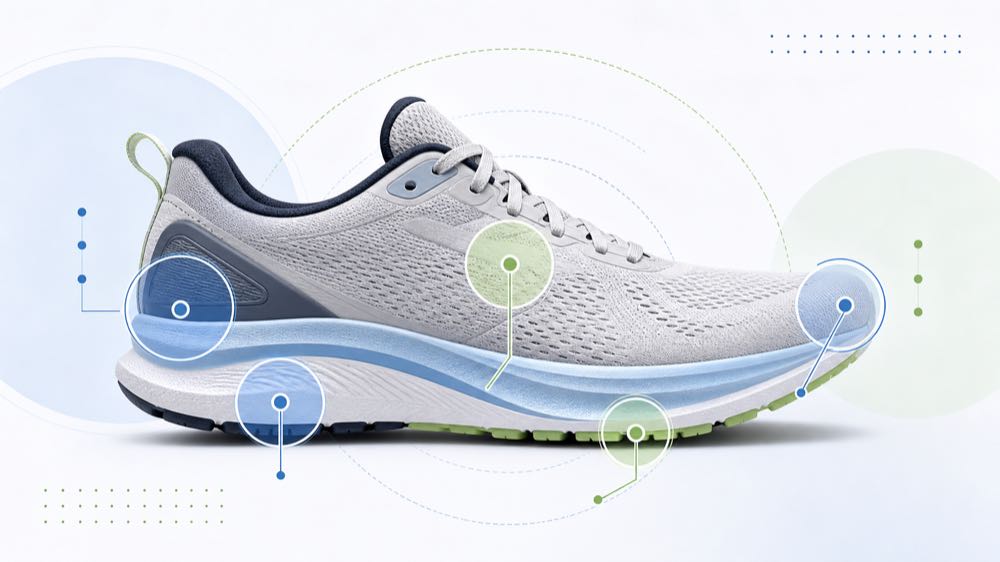 Generic running shoe side profile with visual checkpoints for toe room, heel hold, cushioning, outsole grip, and midfoot support
