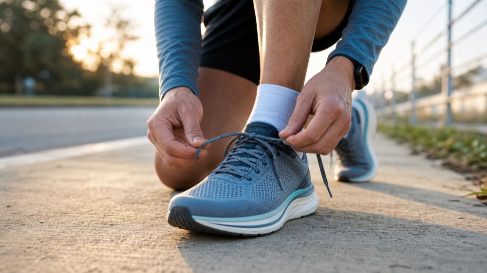 Runner tying a generic running shoe to check lacing, heel lockdown, and fit before an easy road run