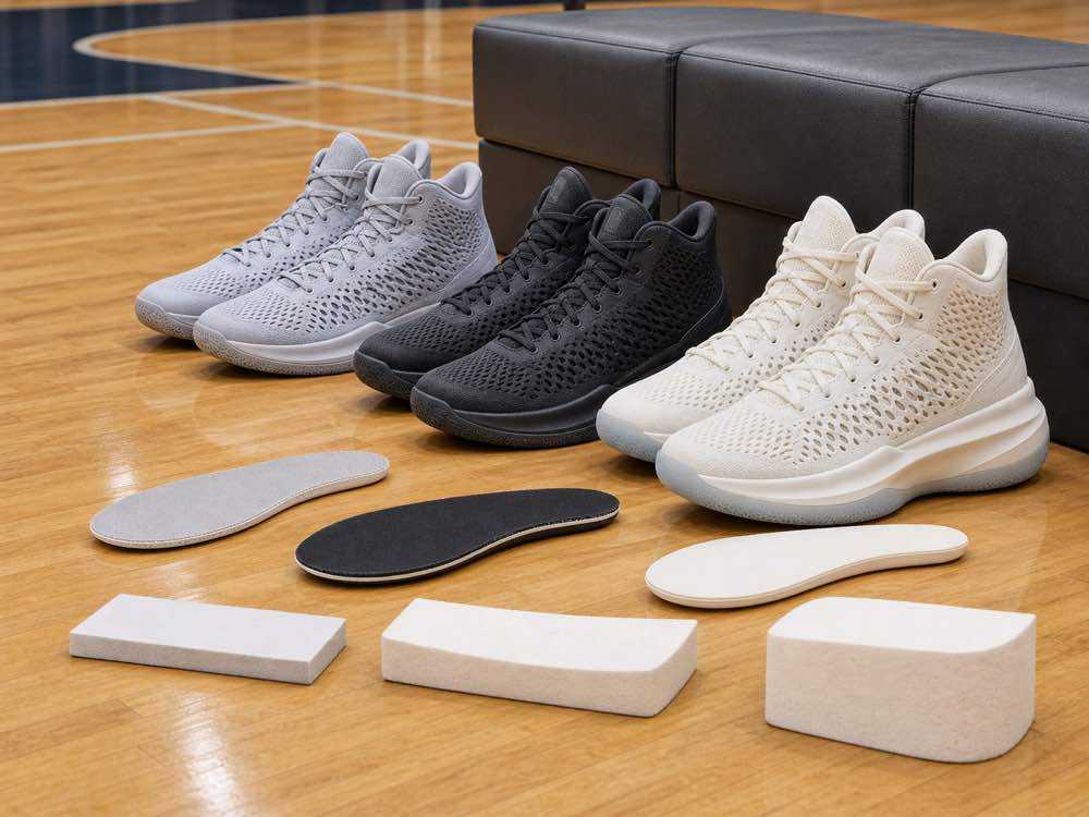 Three unbranded mid-top basketball shoe pairs with insoles and foam samples