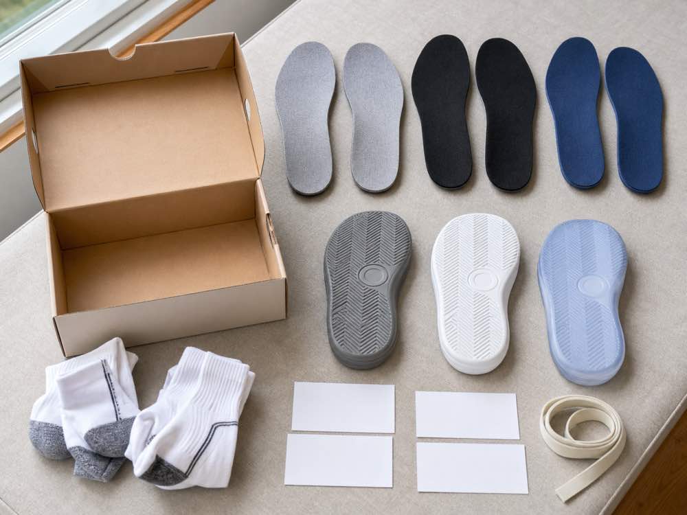 Blank shoebox generic insoles outsoles socks and return cards arranged for a purchase check