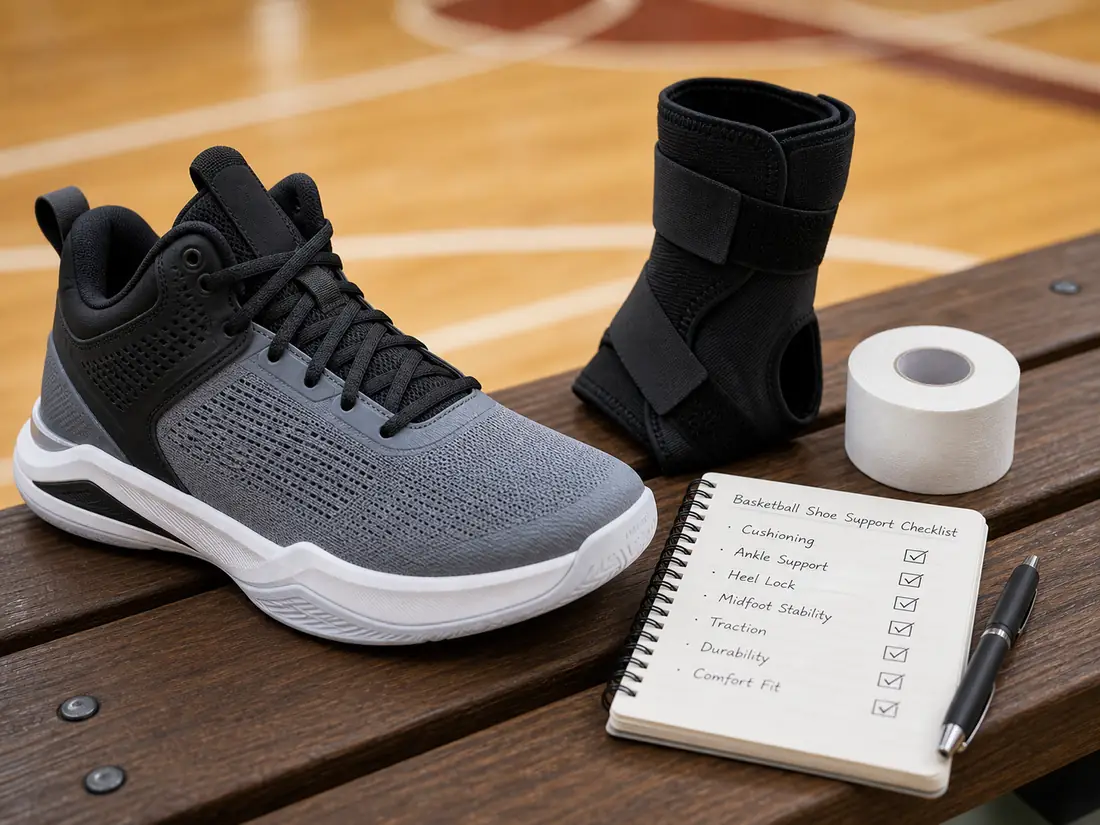Basketball shoe support checklist beside an ankle brace, athletic tape, and a generic supportive basketball shoe