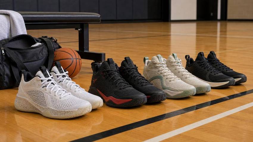 Unbranded basketball shoes beside socks gym bag and basketball on an indoor court for fit and support checks