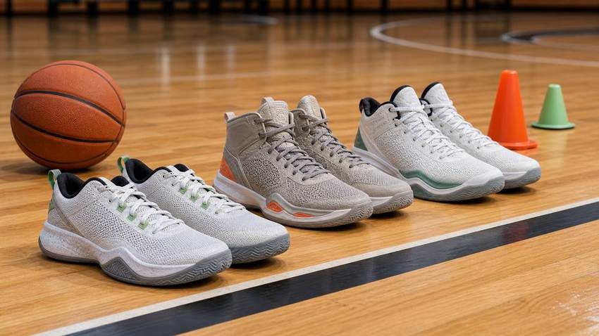Unbranded basketball shoes on an indoor court arranged for guard wing and cushioned play styles