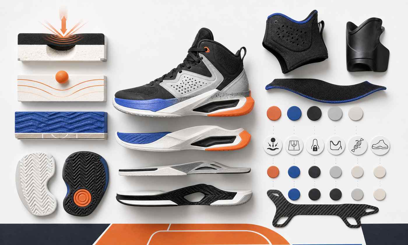 Generic basketball shoe support and cushioning lab layout with foam blocks, outsole pieces, collar samples, and blank rating tokens