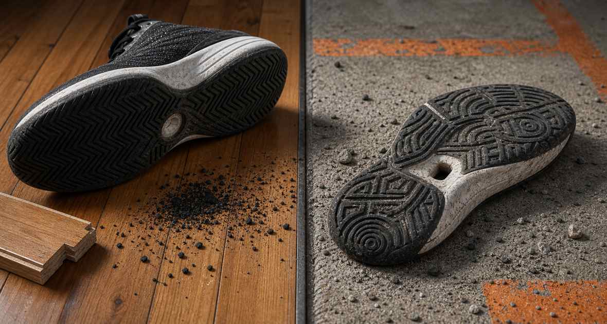 Generic basketball shoe outsoles compared on indoor hardwood and rough outdoor concrete for durability testing