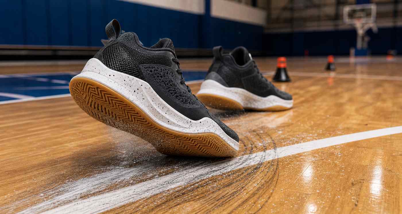 Generic basketball shoes making a hard lateral stop on an indoor court with traction dust and skid marks