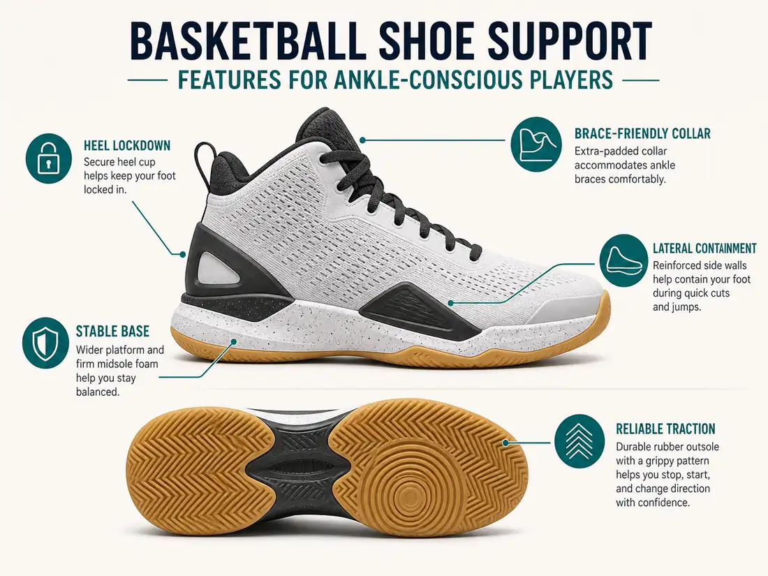Infographic showing heel lockdown, lateral containment, stable base, reliable traction, and brace-friendly collar features in basketball shoes