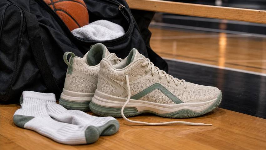 Close-up of unbranded basketball shoes showing outsole tread lacing and collar details on an indoor court