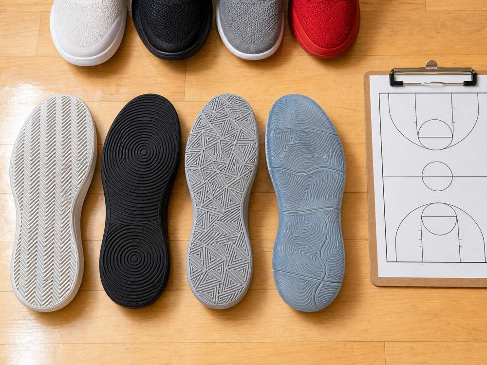 Four generic basketball outsoles showing herringbone circle triangle and wave traction patterns