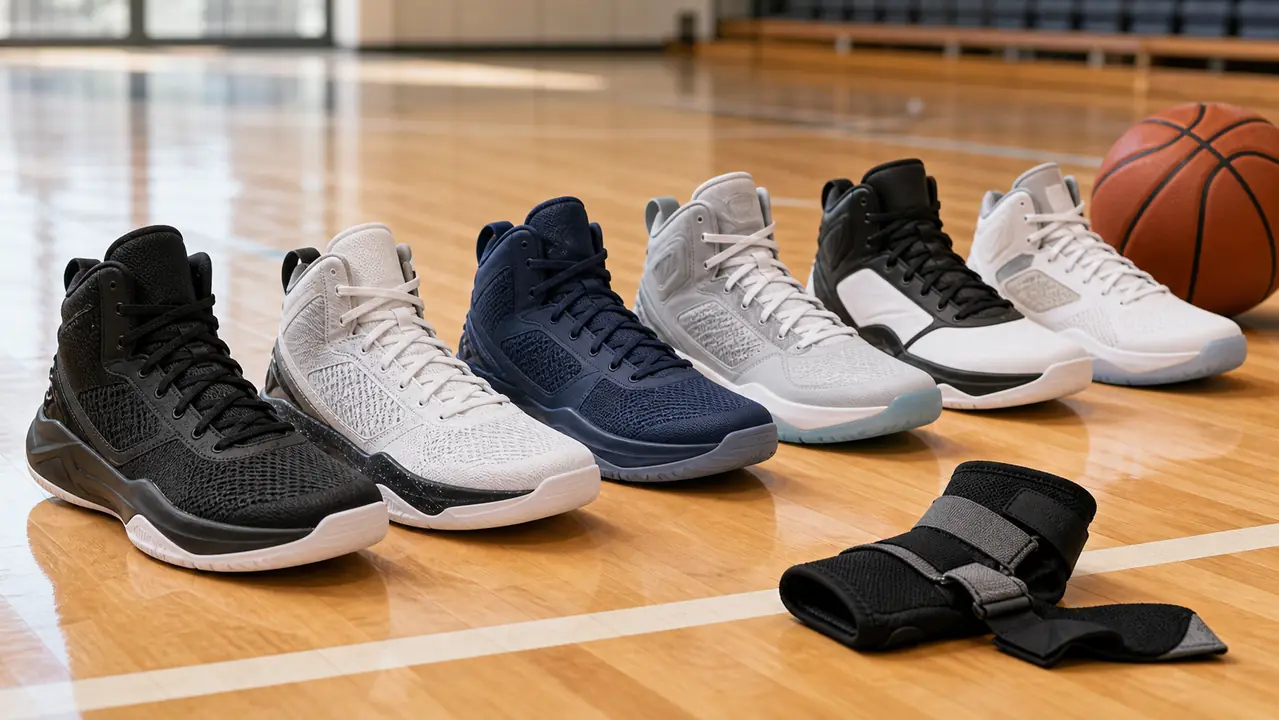 Supportive basketball shoes arranged on an indoor court beside an ankle brace and basketball