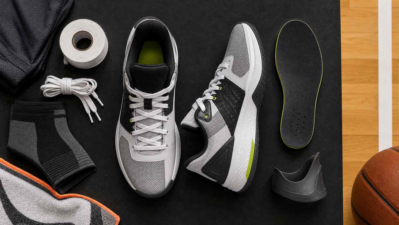 Generic low-top basketball shoes with laces, ankle sleeve, athletic tape, removable insole, and heel counter sample for lockdown checks