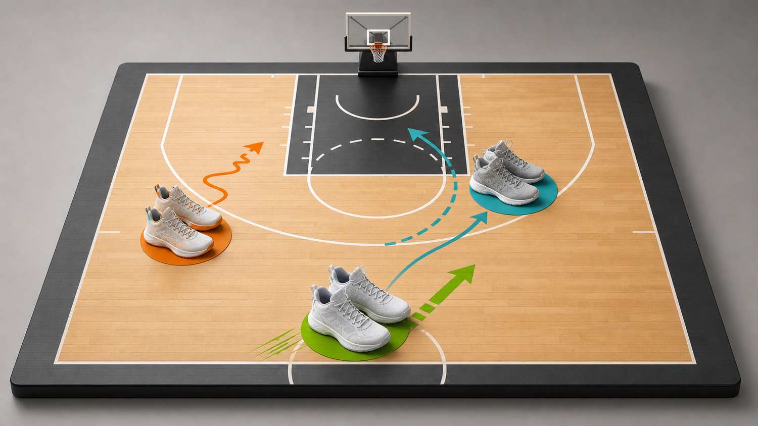 3D half-court board with generic basketball shoe icons and movement arrows for first step, pull-up stop, and transition sprint guard play styles