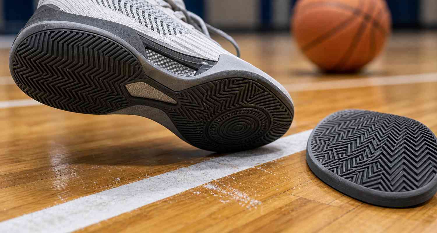 Generic basketball shoe outsole traction close-up on hardwood court with herringbone and circular tread samples