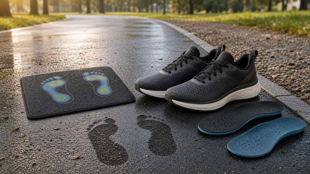 Generic supportive running shoes beside damp footprint impressions, removable insoles, and an abstract pressure mat on a wet park path