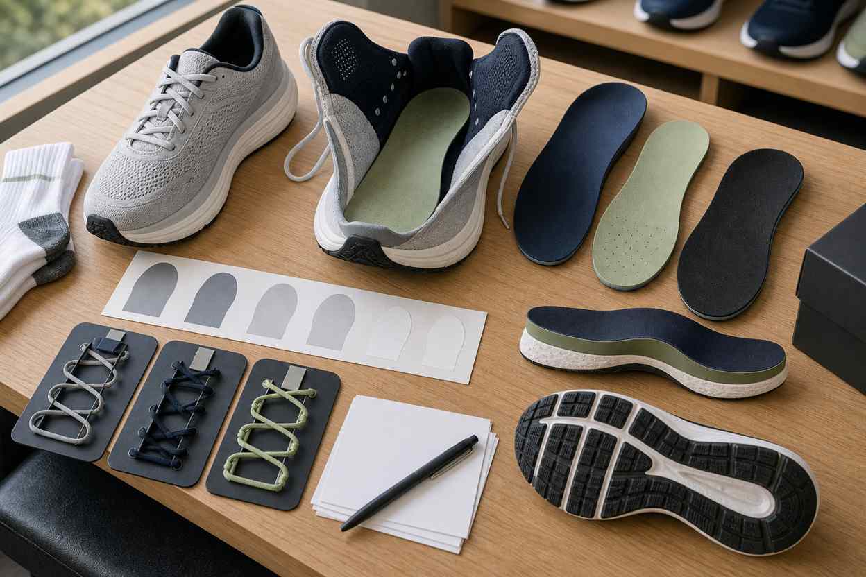 Generic running shoes opened for insole and width fit checks with removable insoles, socks, blank cards, and outsole sample