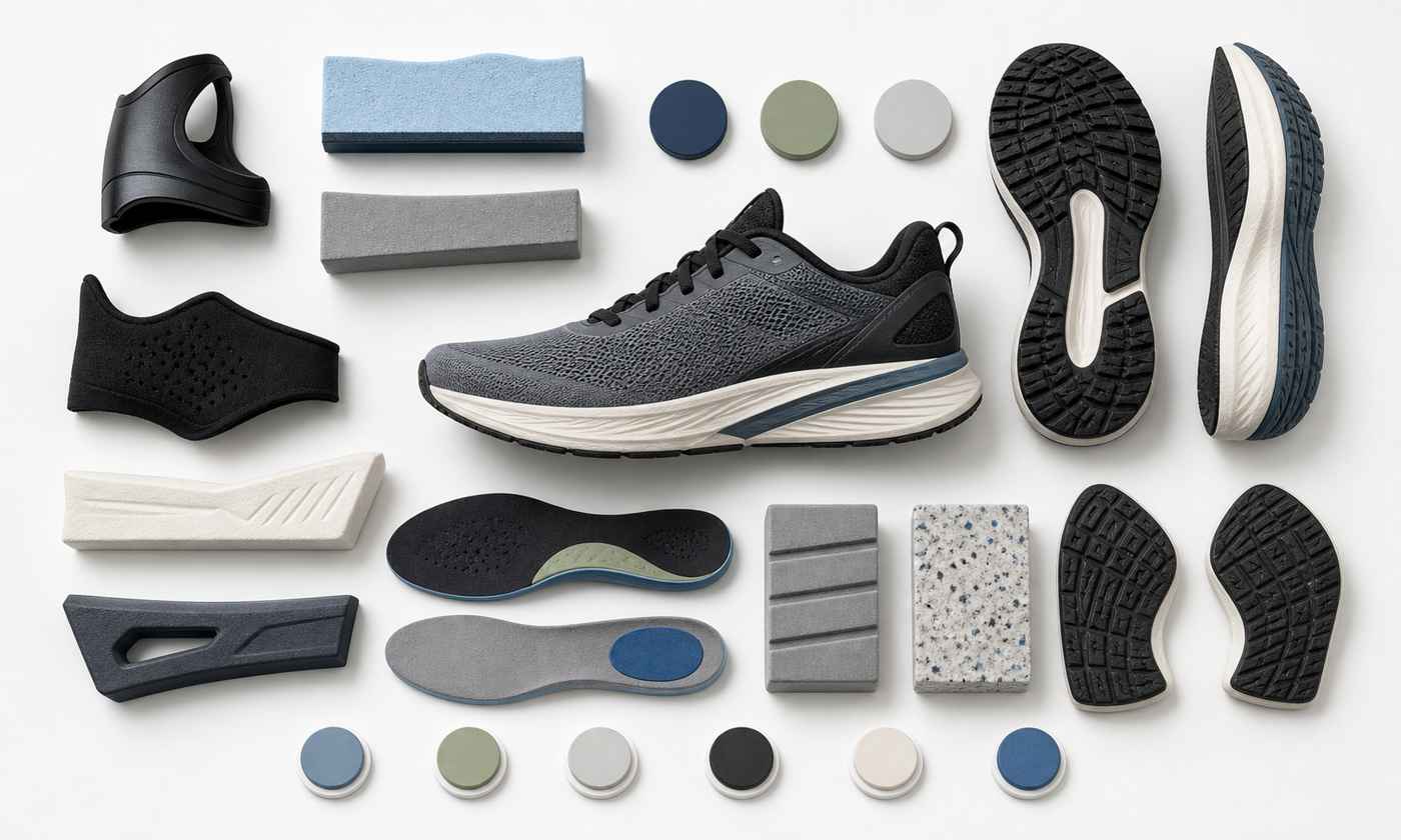 Generic supportive running shoe materials board with arch support insole, stable outsole pieces, heel counter sample, and foam blocks for flat feet
