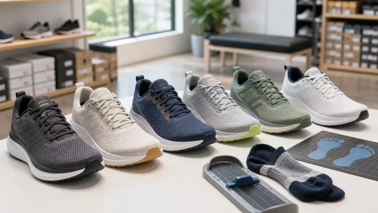 Several wide-fit running shoes arranged in a running store fitting area with a foot measuring device