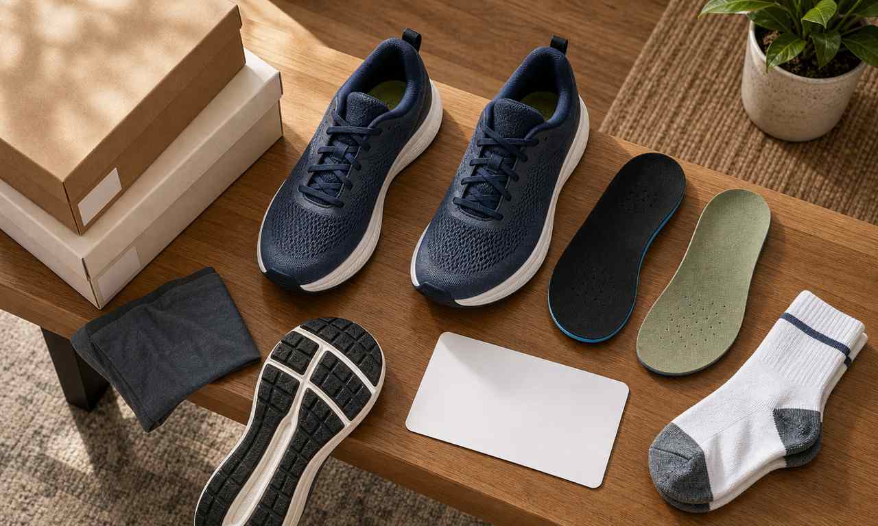 Generic budget running shoes with blank shoe boxes, socks, removable insoles, blank return card, and outsole sample for at-home fit checking
