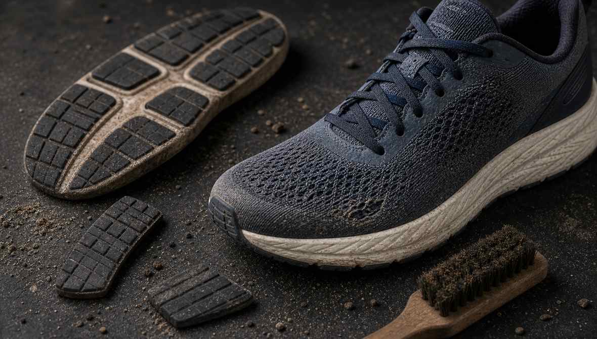 Close-up of generic budget running shoe outsole wear, midsole creases, road dust, outsole sample pieces, and soft brush