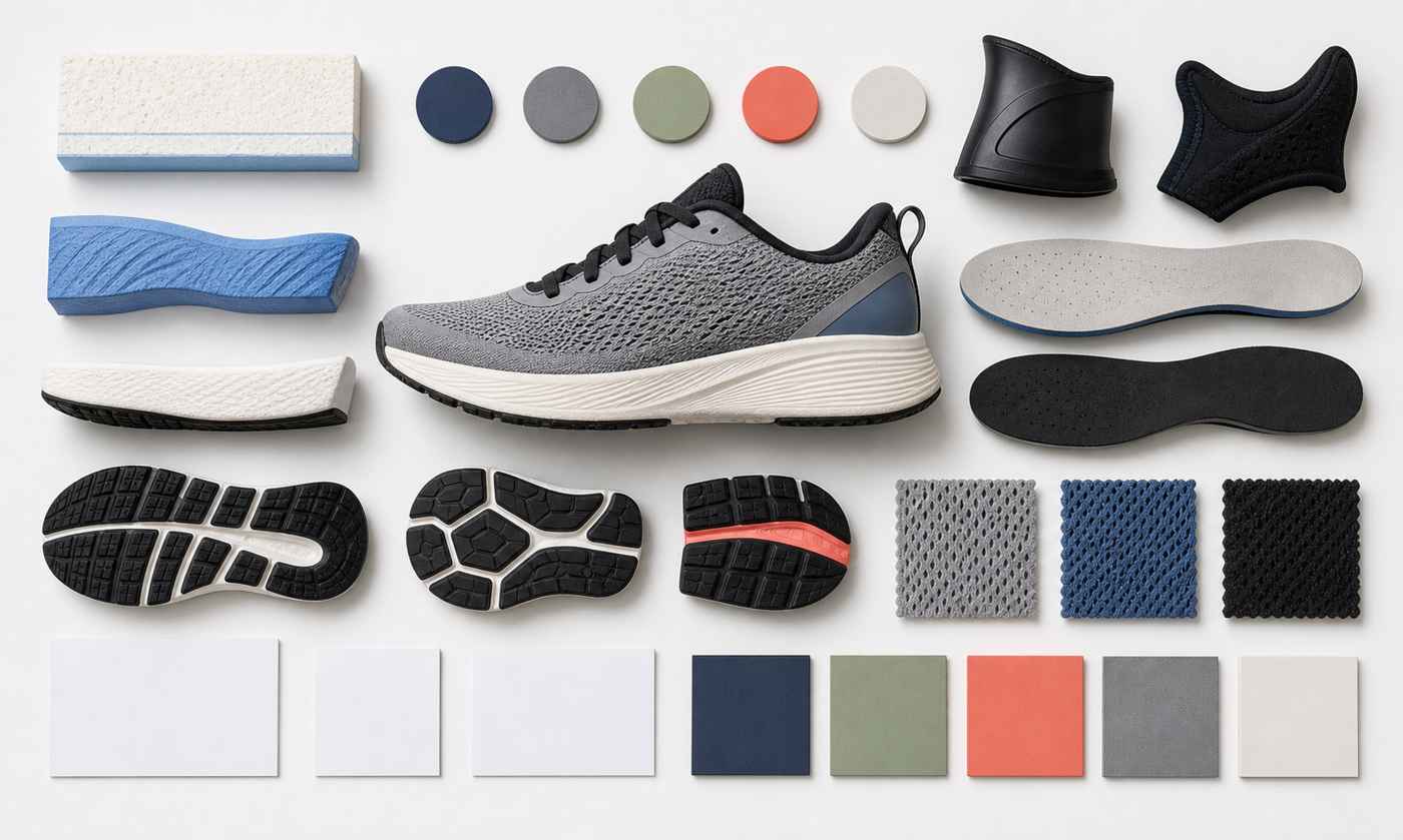 Generic budget running shoe materials board with foam samples, outsole pieces, mesh swatches, removable insole, and blank cards