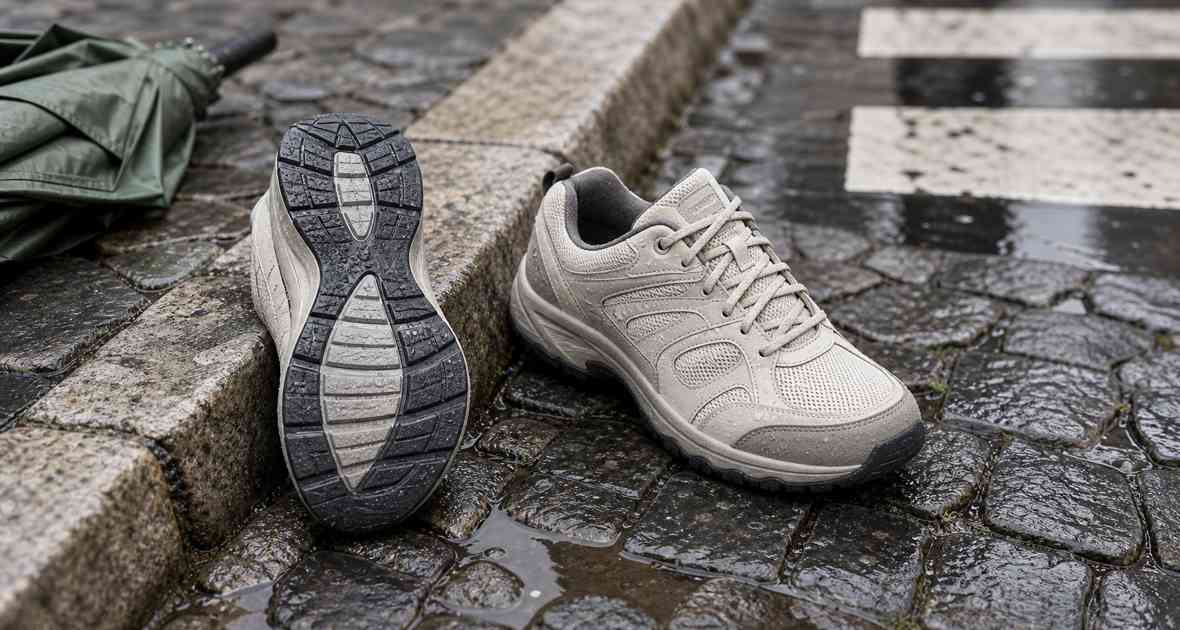 Generic walking shoes on wet cobblestones with visible outsole tread for travel traction