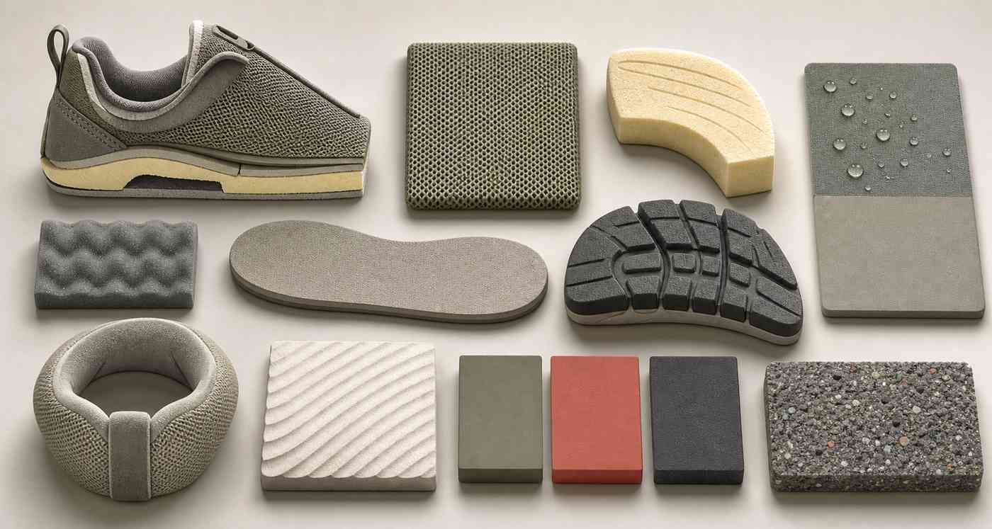 3D materials board with mesh, cushioning foam, outsole tread, heel padding, removable insole, and water-resistant upper samples for travel walking shoes