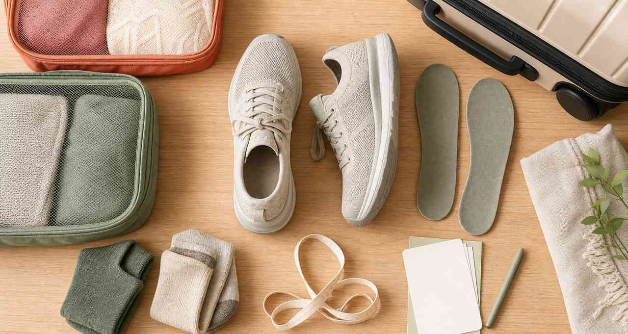 Generic travel walking shoes with packing cubes, socks, removable insoles, blank cards, and a carry-on suitcase