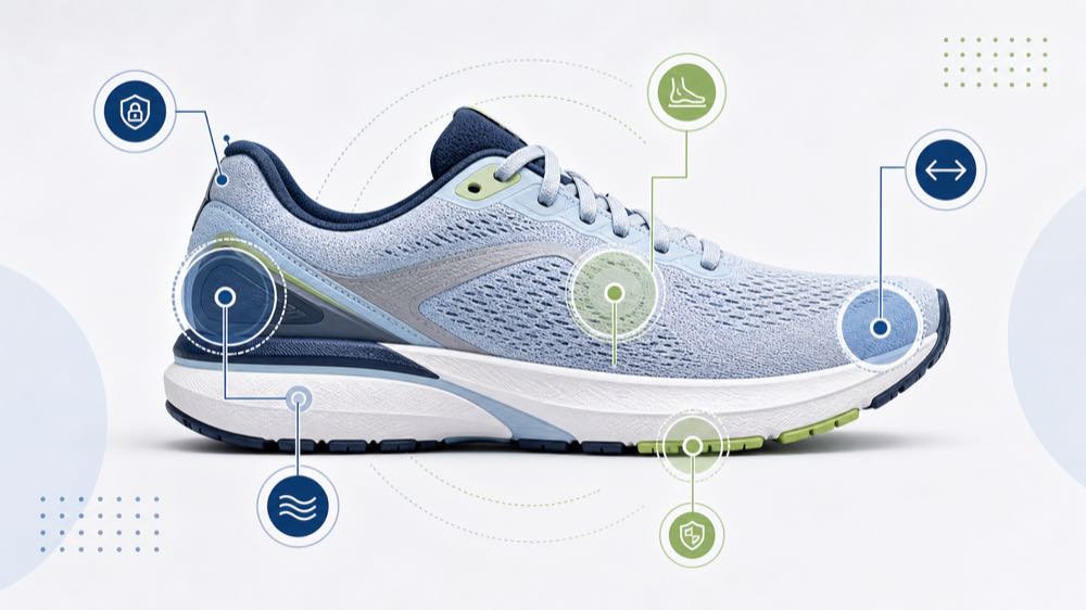 Generic road running shoe side profile with visual checkpoints for cushioning, heel lockdown, guidance support, outsole durability, and toe room