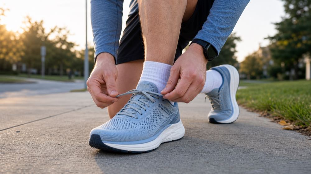 Runner adjusting laces on generic road running shoes to check heel lockdown and fit before an easy run