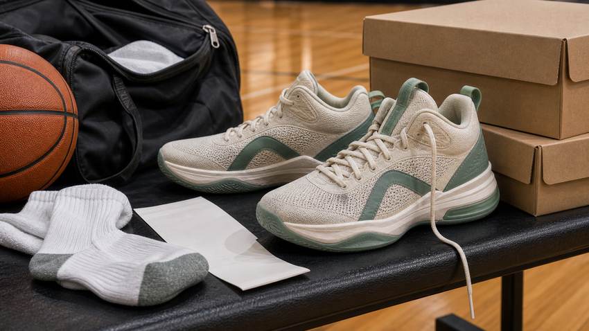 Unbranded basketball shoes beside socks blank receipt card plain shoeboxes and basketball for fit and return checks