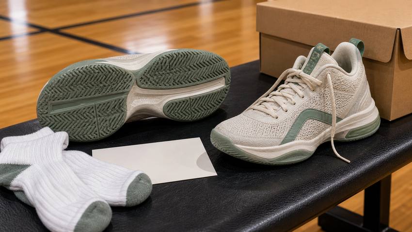 Close-up of unbranded basketball shoe outsole next to socks and plain shoebox for durability checks