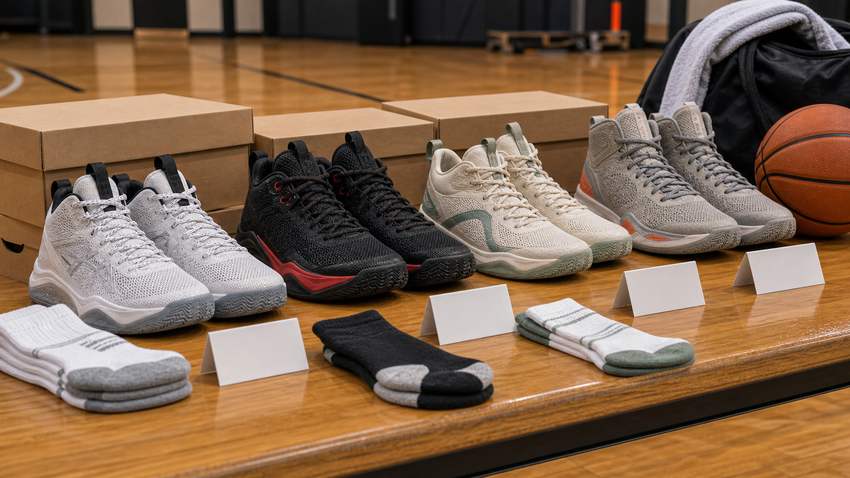 Several unbranded budget basketball shoes arranged with blank cards socks and a basketball on an indoor court