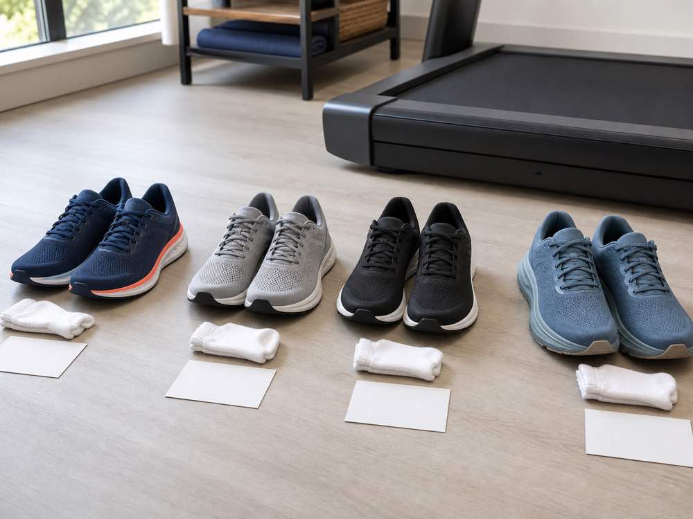 Four unbranded budget running shoe pairs arranged beside a treadmill
