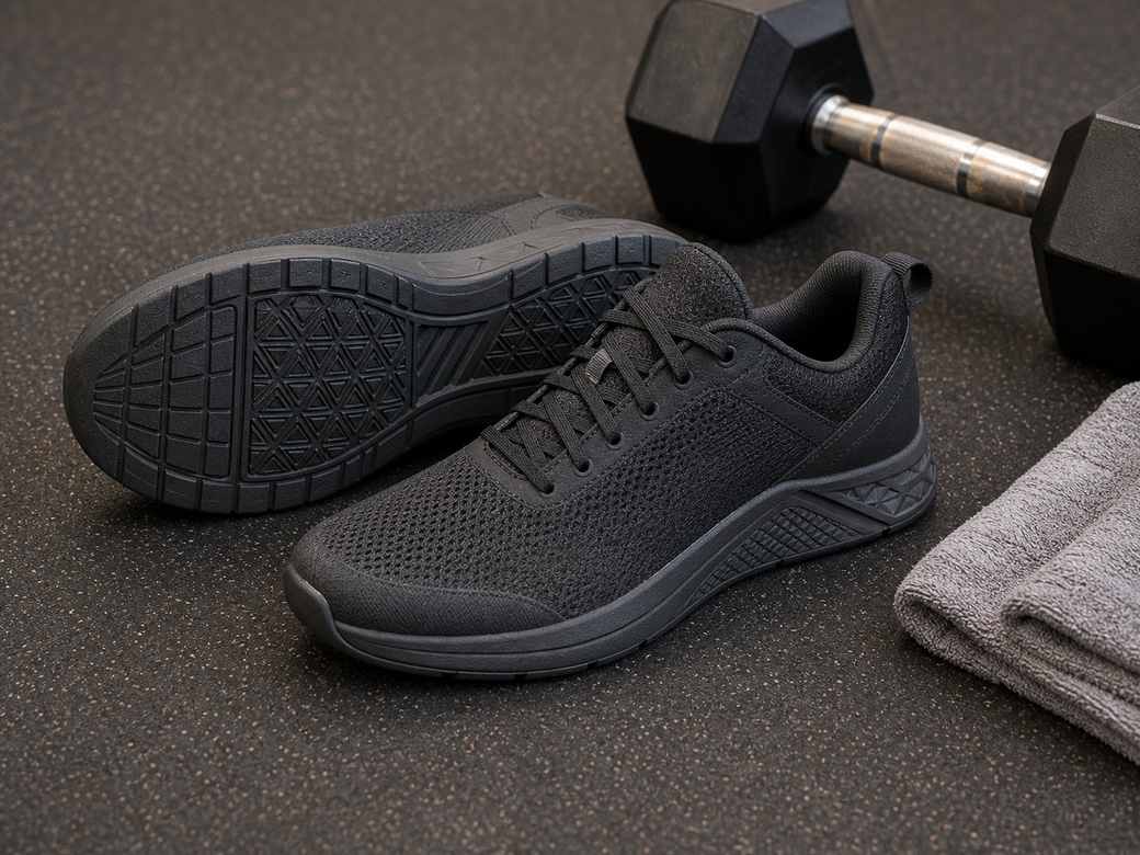 Unbranded budget training shoes showing outsole tread beside dumbbell and towel