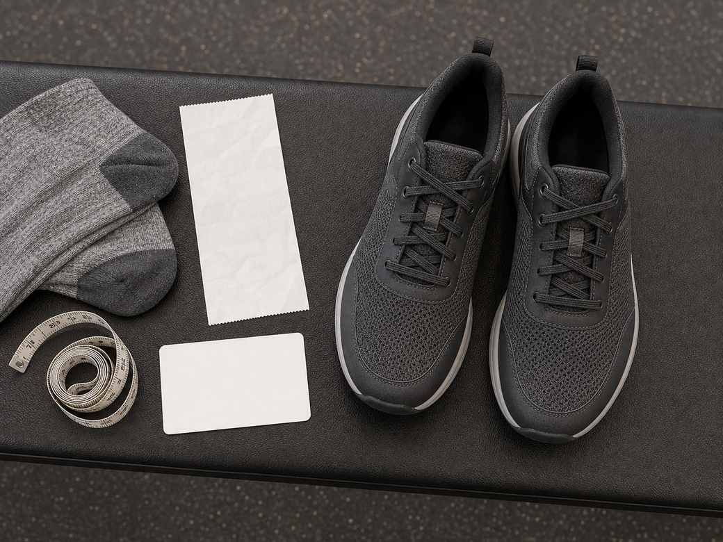 Unbranded training shoes with socks measuring tape and blank return policy cards