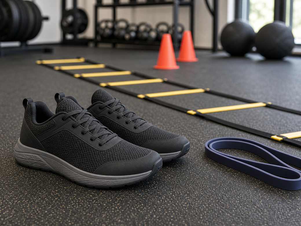 Unbranded budget training shoes near agility ladder cones and resistance band on gym flooring