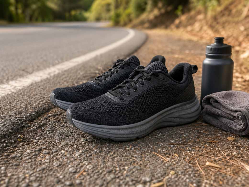 Unbranded max cushion running shoes on a quiet road shoulder with hydration bottle and towel