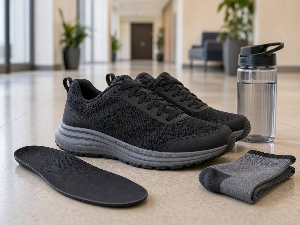 Unbranded cushioned walking shoes on an indoor hallway floor with insole sock and water bottle