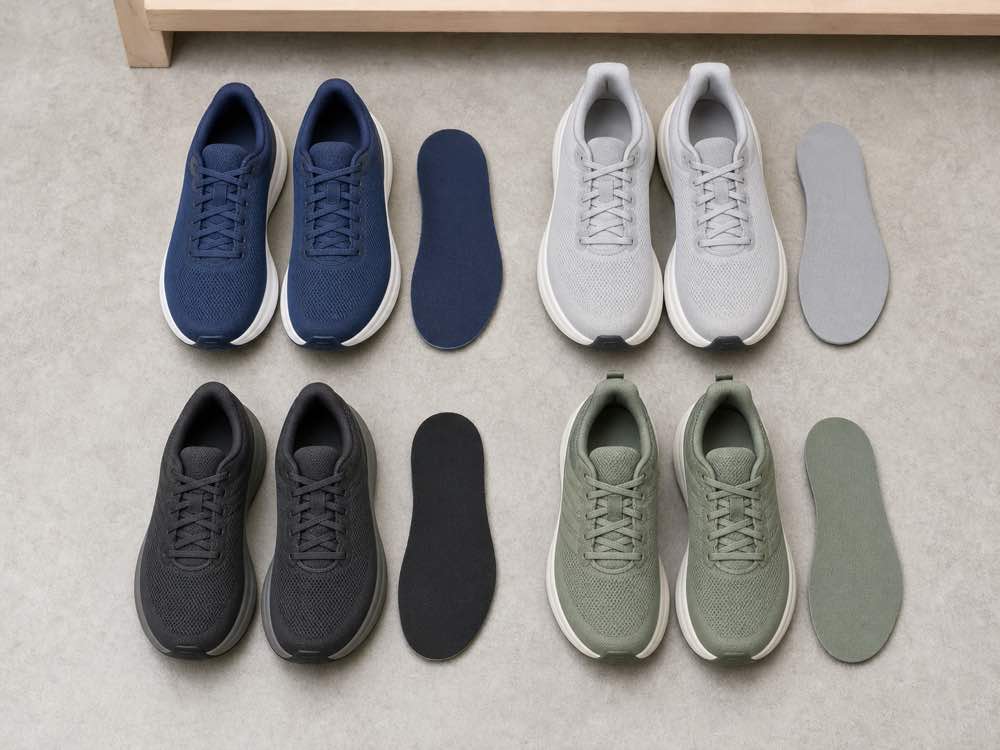 Four unbranded running shoe pairs and insoles arranged by daily max cushion stable and walking use