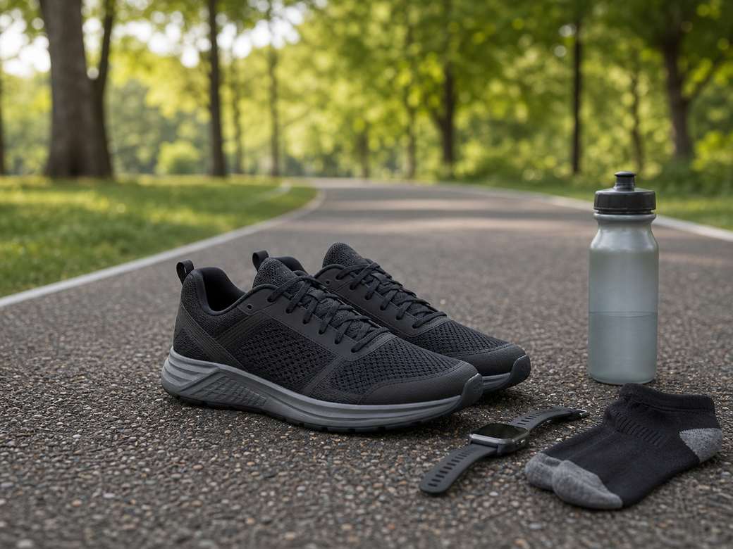 Unbranded daily trainer running shoes on a park path with socks watch and water bottle