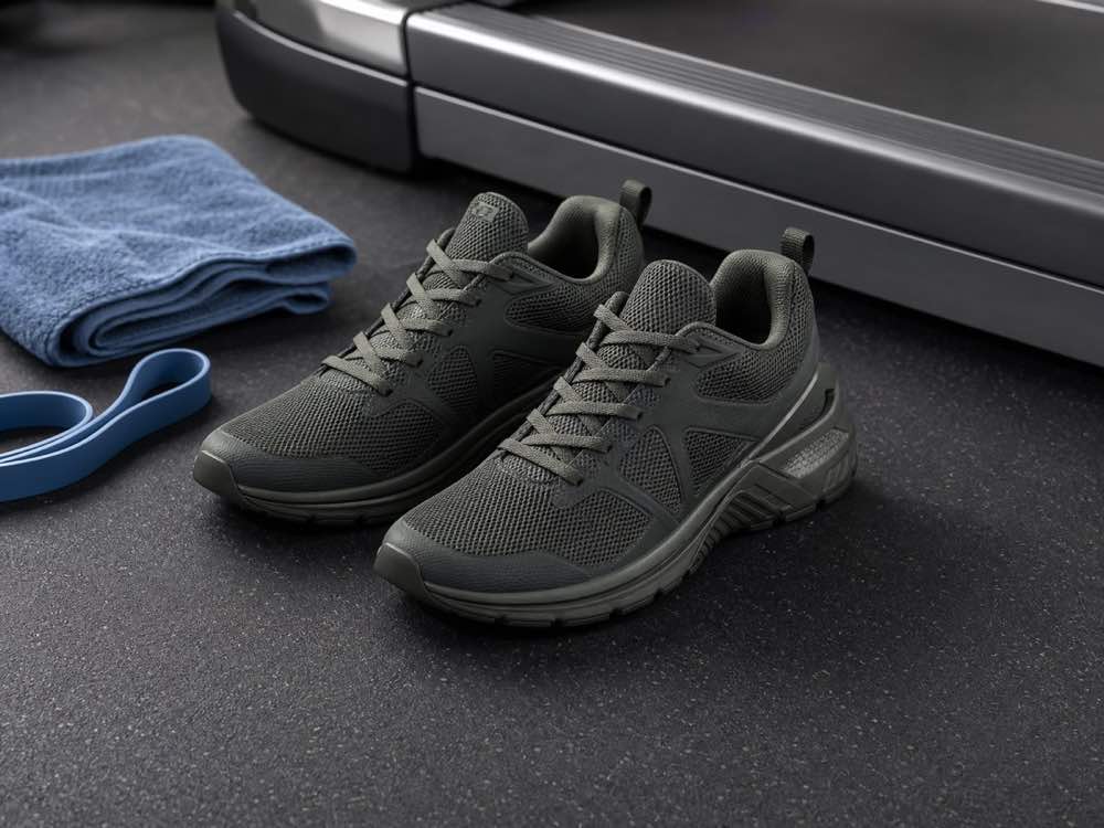 Unbranded supportive athletic shoes on gym flooring beside treadmill deck towel and resistance band