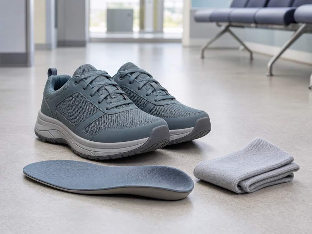 Unbranded stable cushioned shoes on an indoor hallway floor with removable insoles and socks