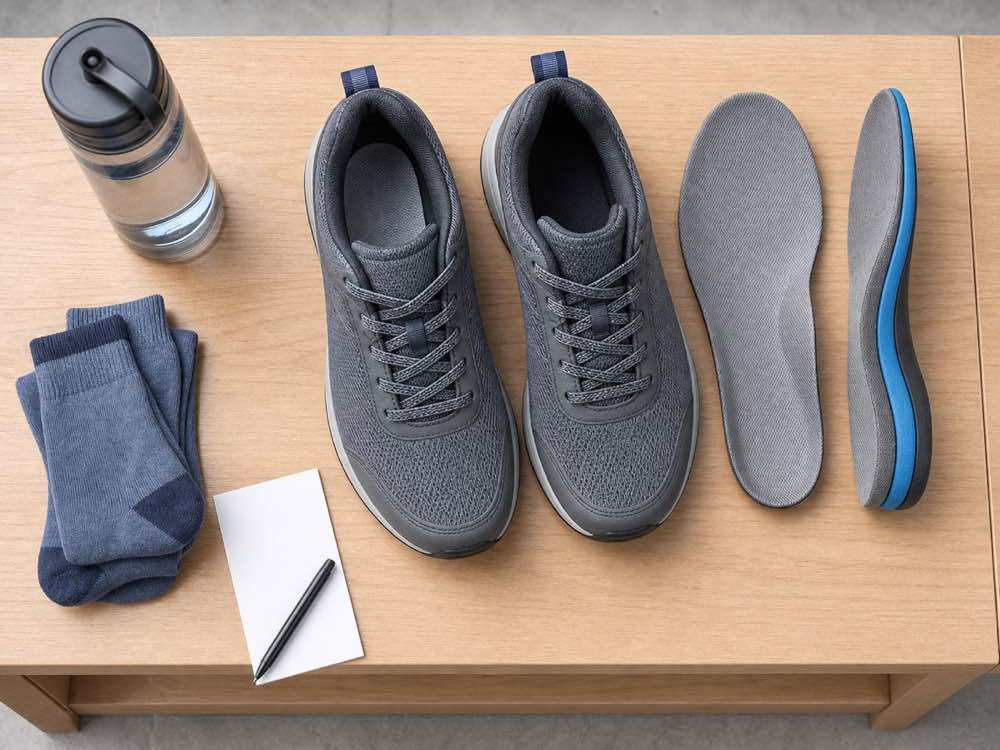 Unbranded supportive shoes with removable arch-support insoles socks blank checklist card and water bottle