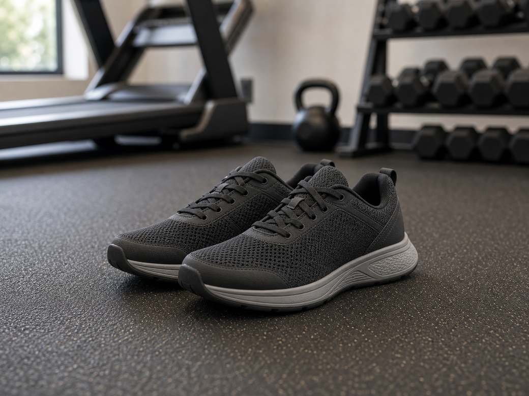 Unbranded gym shoes between treadmill deck and dumbbell rack on rubber gym flooring