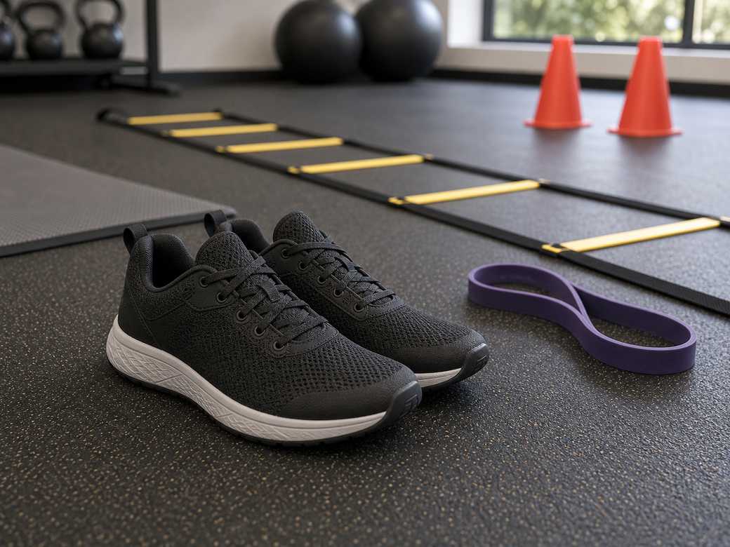 Unbranded gym shoes beside agility ladder cones resistance band and yoga mat edge
