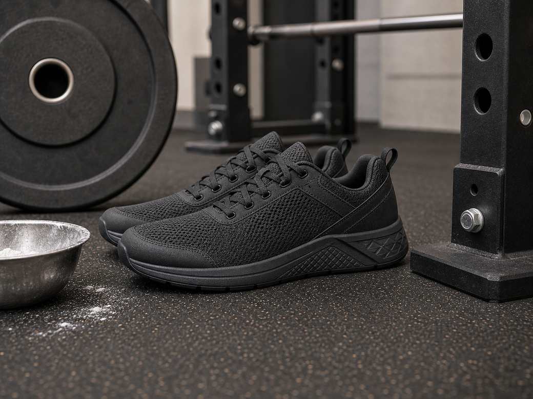 Unbranded stable gym shoes beside squat rack area barbell plate and chalk bowl