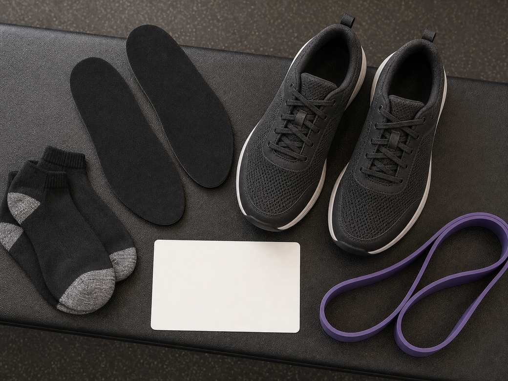 Top view of unbranded HIIT shoes socks insoles blank checklist card and resistance band