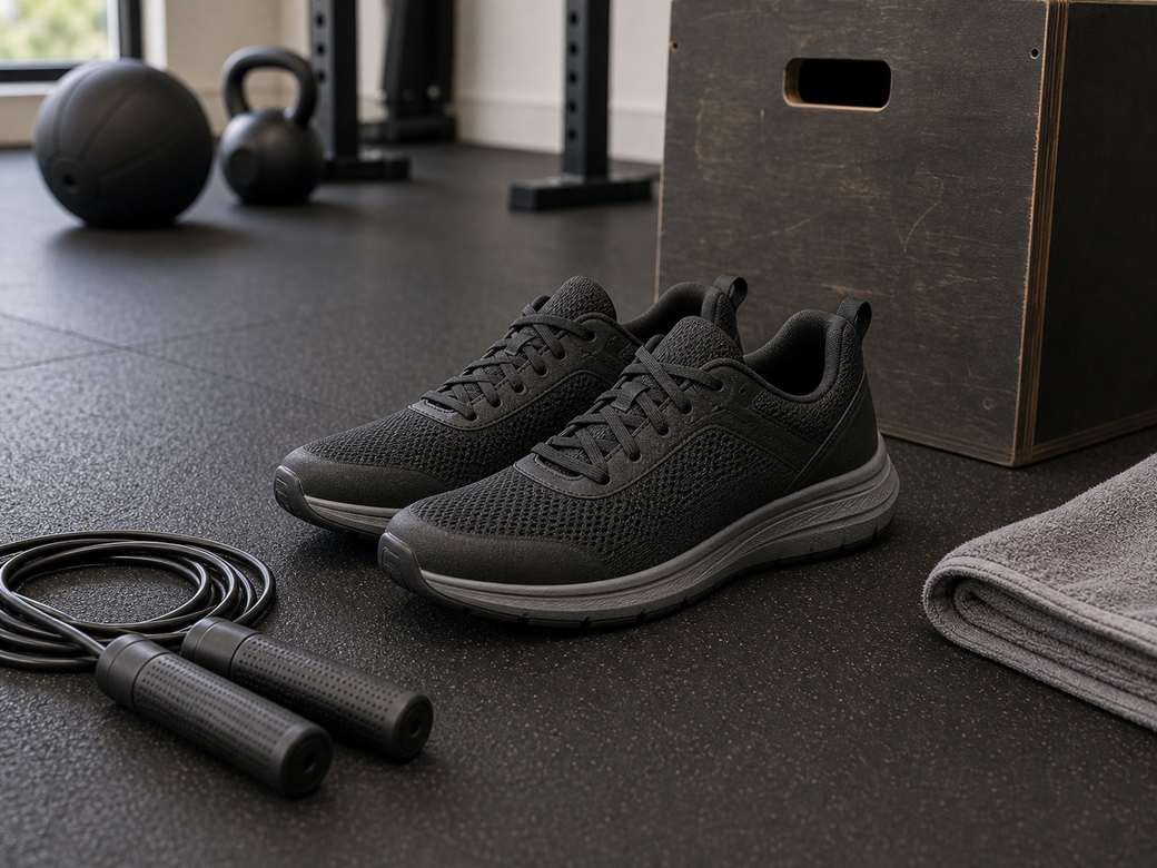 Unbranded HIIT shoes beside jump rope plyo box towel and gym equipment
